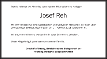 Anzeige von Josef Reh von Schwäbische Zeitung