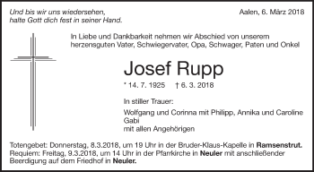 Anzeige von Josef Rupp von Schwäbische Zeitung