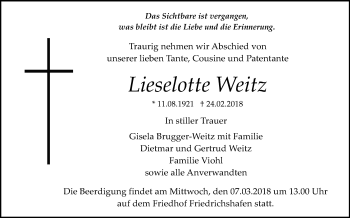 Anzeige von Lieselotte Weitz von Schwäbische Zeitung