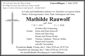 Anzeige von Mathilde Rauwolf von Schwäbische Zeitung