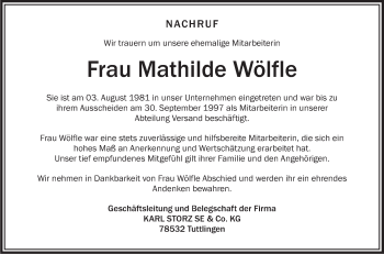 Anzeige von Mathilde Wölfle von Schwäbische Zeitung