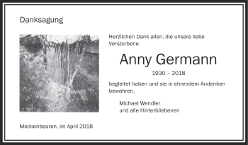 Anzeige von Anny Germann von Schwäbische Zeitung