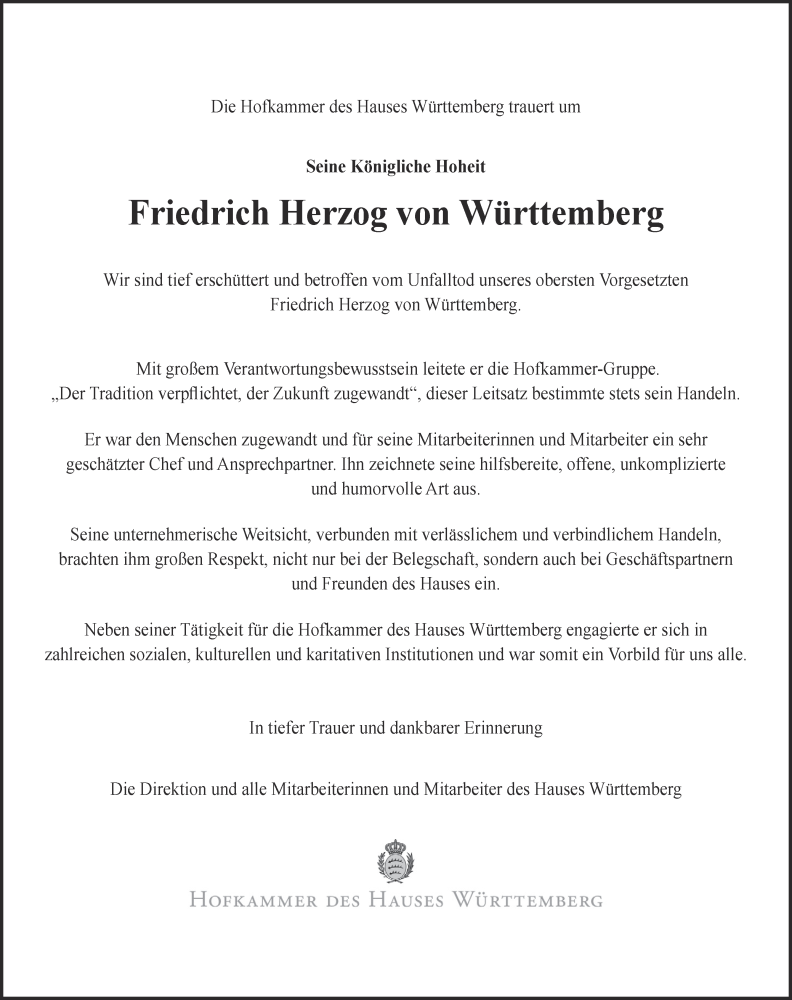  Traueranzeige für Friedrich Herzog von Württemberg vom 12.05.2018 aus 