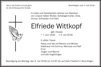 Anzeige von Elfriede Wittkopf von Schwäbische Zeitung
