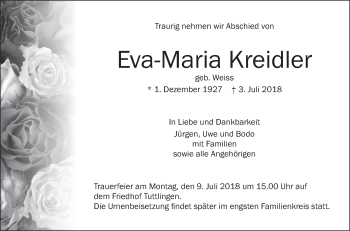 Anzeige von Eva-Maria Kreidler von Schwäbische Zeitung