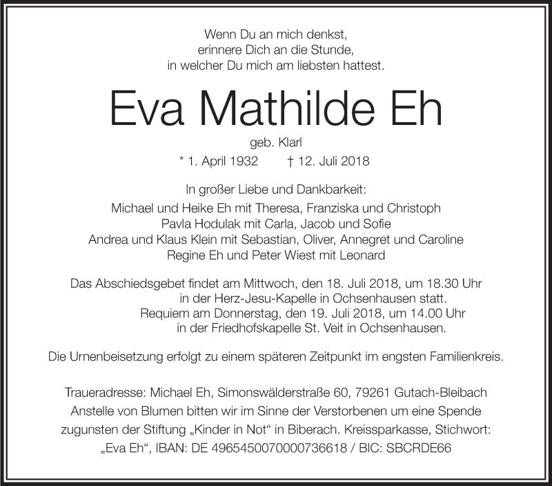  Traueranzeige für Eva Mathilde Eh vom 17.07.2018 aus Schwäbische Zeitung