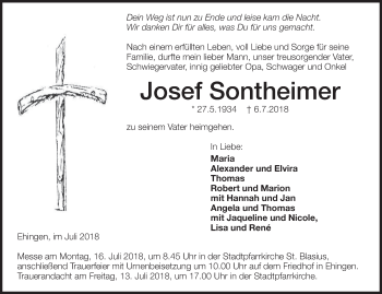 Anzeige von Josef Sontheimer von Schwäbische Zeitung