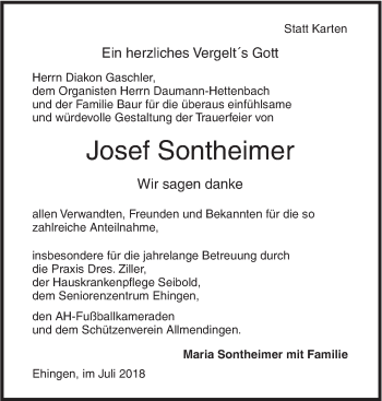 Anzeige von Josef Sontheimer von Schwäbische Zeitung