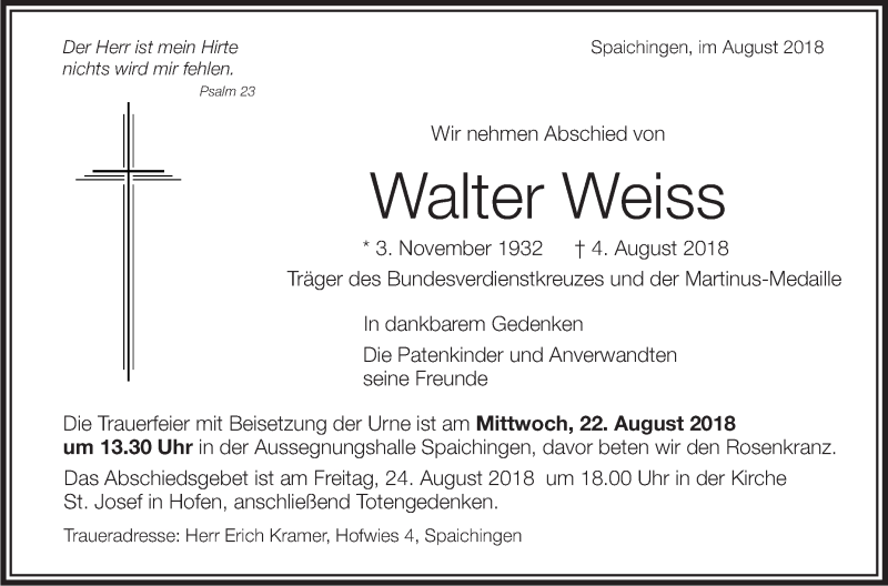 Traueranzeige für Walter Weiss vom 13.08.2018 aus Schwäbische Zeitung