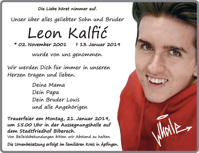  Traueranzeige für Leon Kalfic vom 19.01.2019 aus Schwäbische Zeitung