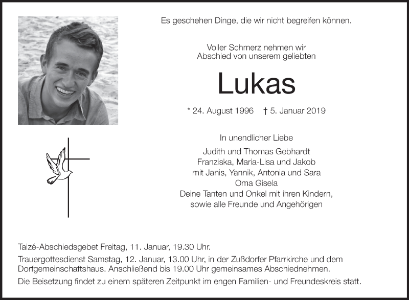  Traueranzeige für Lukas Gebhardt vom 10.01.2019 aus Schwäbische Zeitung