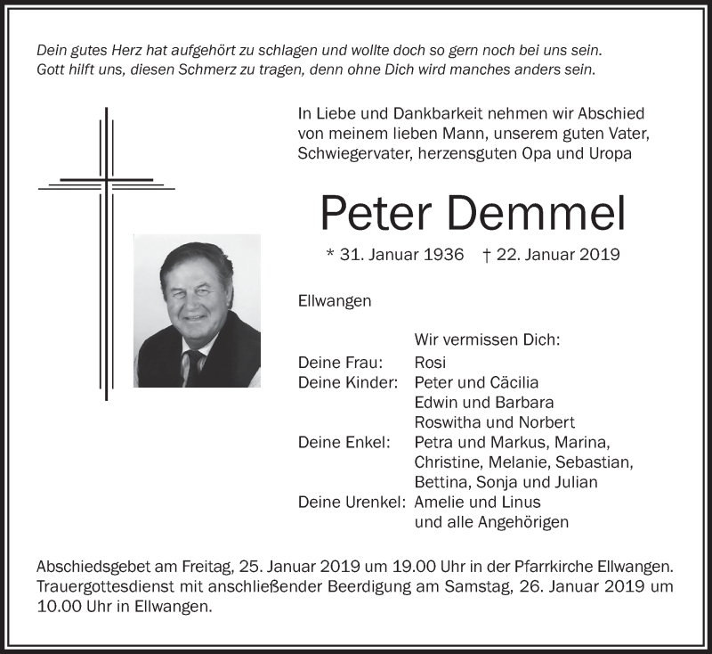 Traueranzeige für Peter Demmel vom 24.01.2019 aus Schwäbische Zeitung