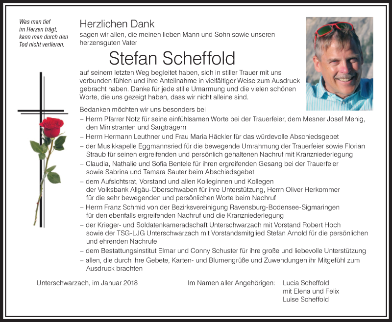  Traueranzeige für Stefan Scheffold vom 26.01.2019 aus Schwäbische Zeitung