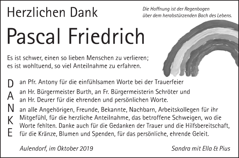  Traueranzeige für Pascal Friedrich vom 19.10.2019 aus Schwäbische Zeitung