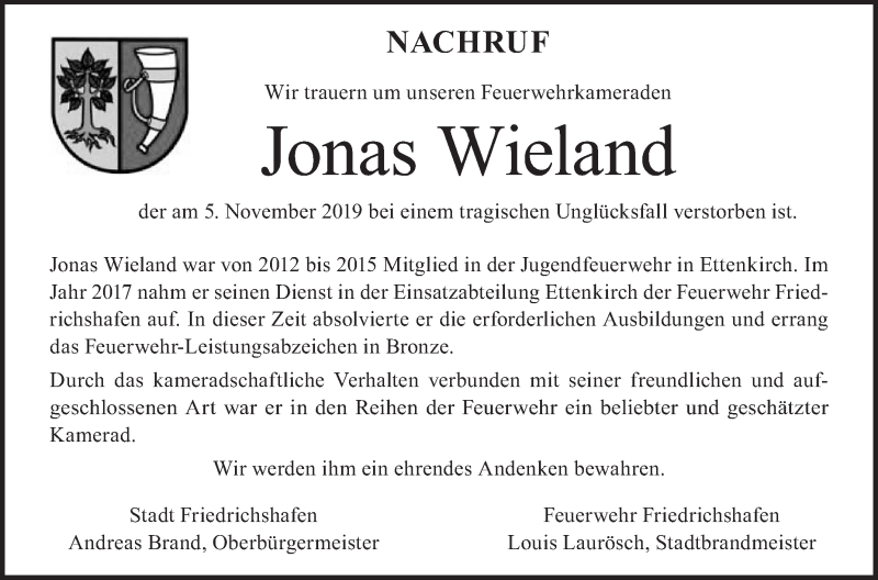  Traueranzeige für Jonas Wieland vom 12.11.2019 aus Schwäbische Zeitung