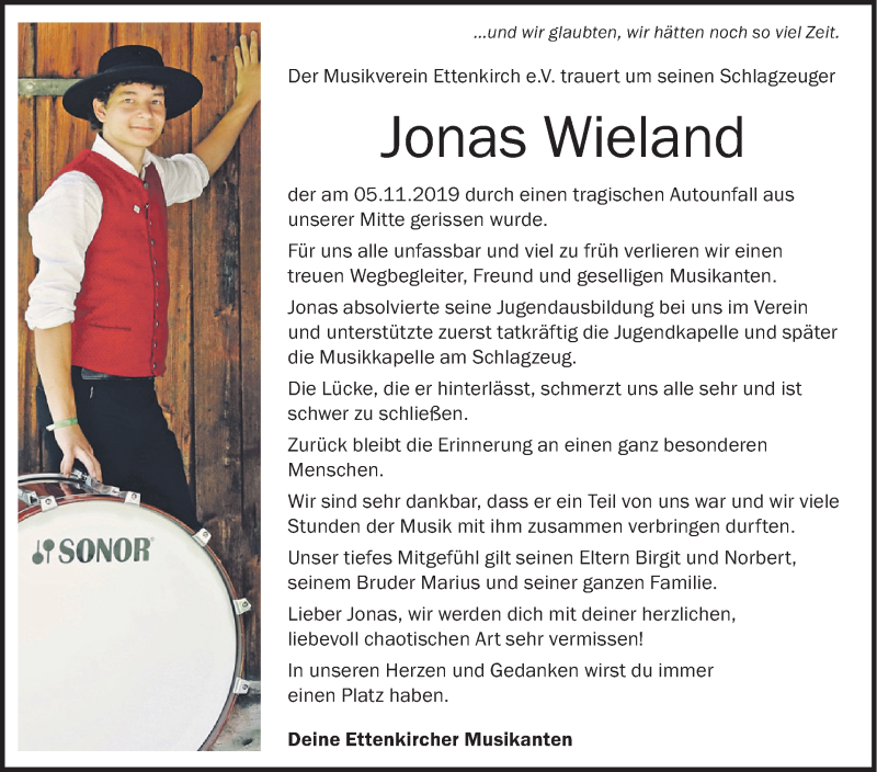  Traueranzeige für Jonas Wieland vom 12.11.2019 aus Schwäbische Zeitung