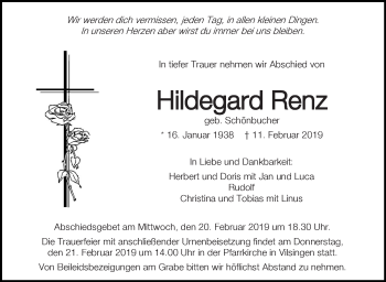 Anzeige von Hildegard Renz von Schwäbische Zeitung