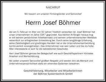 Anzeige von Josef Böhmer von Schwäbische Zeitung