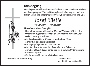Anzeige von Josef Kästle von Schwäbische Zeitung