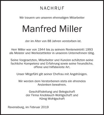 Anzeige von Manfred Miller von Schwäbische Zeitung