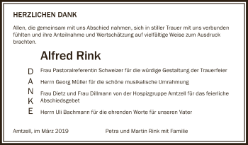 Anzeige von Alfred Rink von Schwäbische Zeitung