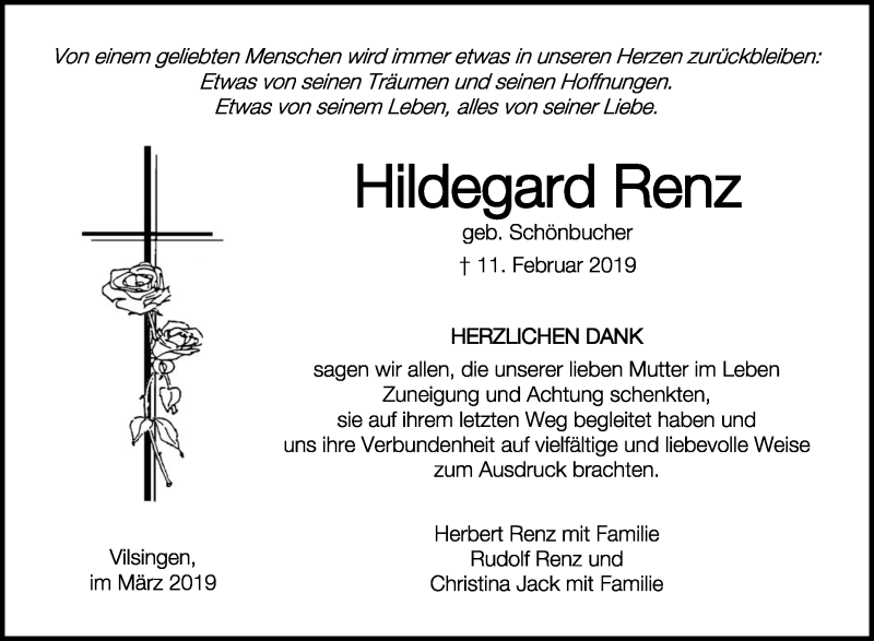  Traueranzeige für Hildegard Renz vom 23.03.2019 aus Schwäbische Zeitung