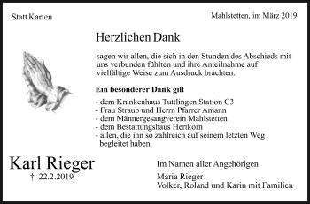 Anzeige von Karl Rieger von Schwäbische Zeitung