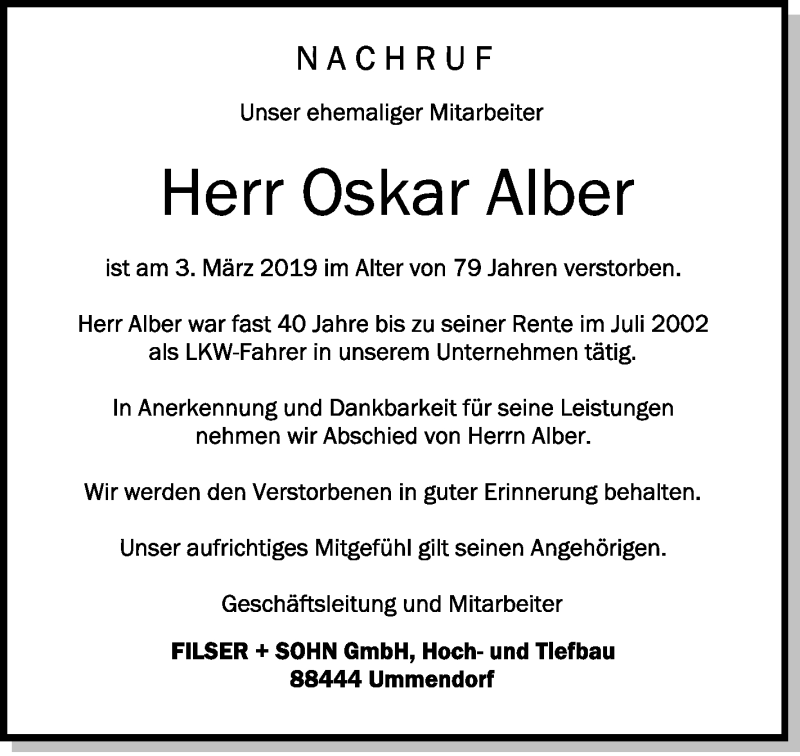  Traueranzeige für Oskar Alber vom 08.03.2019 aus Schwäbische Zeitung