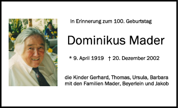 Anzeige von Dominikus Mader von Schwäbische Zeitung