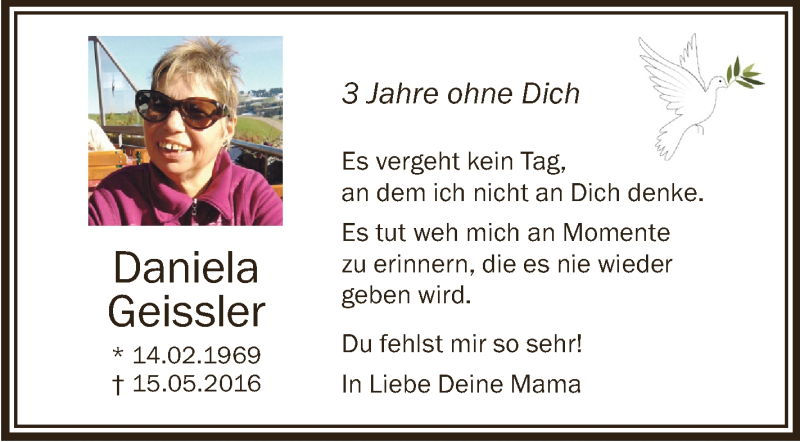  Traueranzeige für Daniela Geissler vom 15.05.2019 aus Schwäbische Zeitung