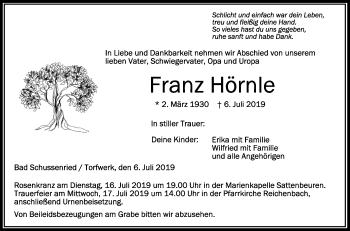 Anzeige von Franz Hörnle von Schwäbische Zeitung