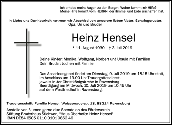 Anzeige von Heinz Hensel von Schwäbische Zeitung