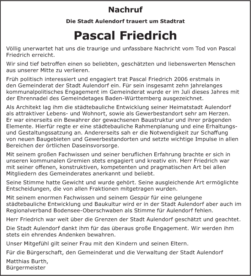  Traueranzeige für Pascal Friedrich vom 24.09.2019 aus Schwäbische Zeitung