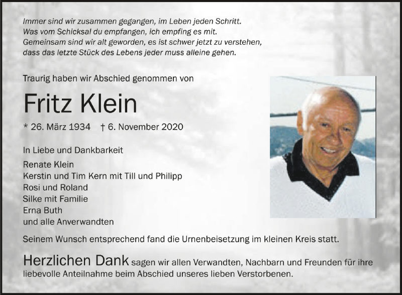  Traueranzeige für Fritz Klein vom 19.11.2020 aus Schwäbische Zeitung