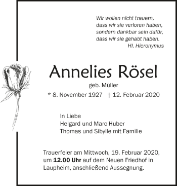 Anzeige von Annelies Rösel von Schwäbische Zeitung