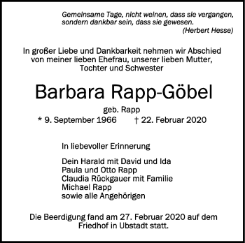 Anzeige von Barbara Rapp-Göbel von Schwäbische Zeitung