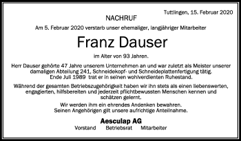 Anzeige von Franz Dauser von Schwäbische Zeitung