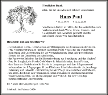 Anzeige von Hans Paul von Schwäbische Zeitung