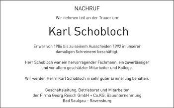 Anzeige von Karl Schobloch von Schwäbische Zeitung