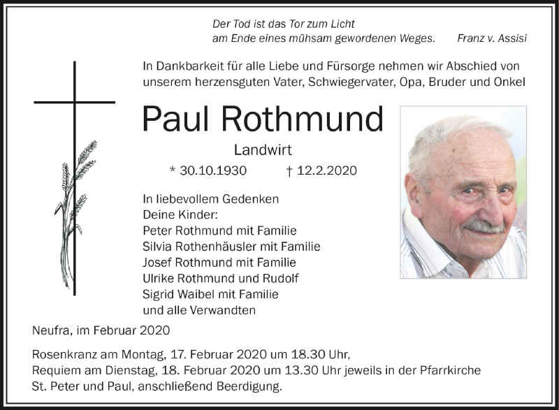  Traueranzeige für Paul Rothmund vom 15.02.2020 aus Schwäbische Zeitung