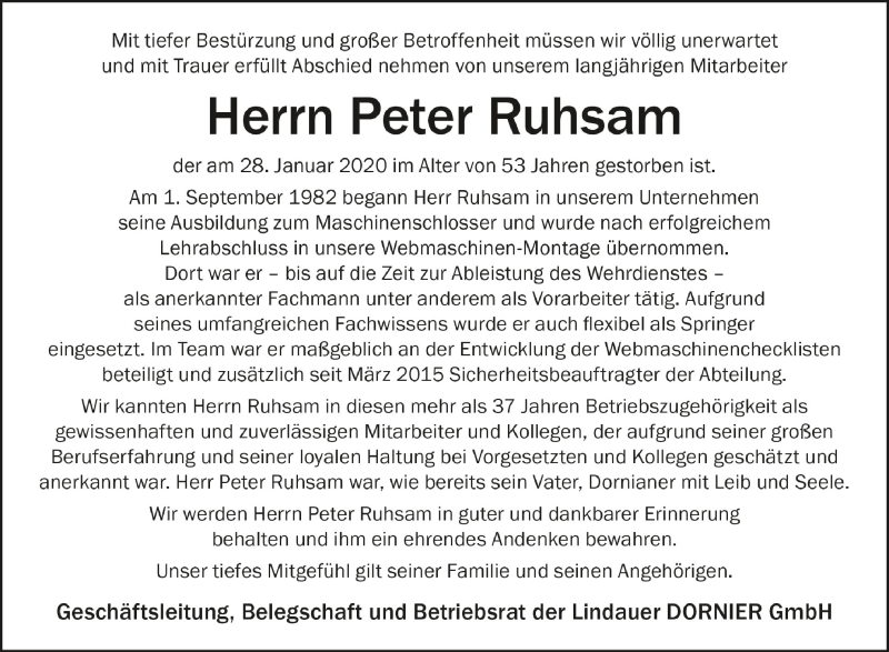  Traueranzeige für Peter Ruhsam vom 08.02.2020 aus Schwäbische Zeitung
