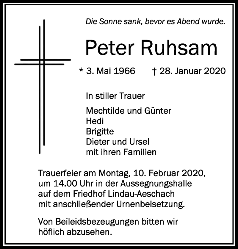  Traueranzeige für Peter Ruhsam vom 06.02.2020 aus Schwäbische Zeitung