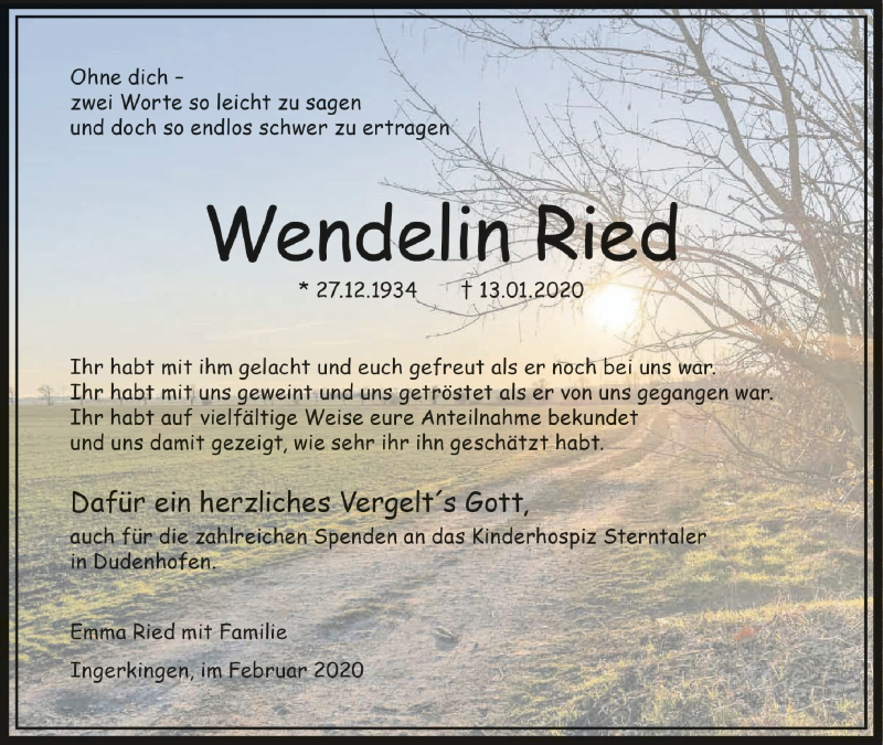  Traueranzeige für Wendelin Ried vom 15.02.2020 aus Schwäbische Zeitung