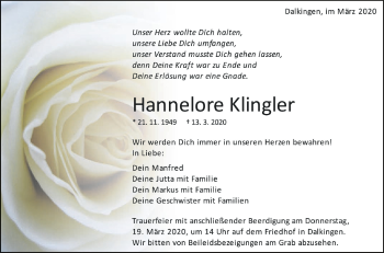 Anzeige von Hannelore Klingler von Schwäbische Zeitung