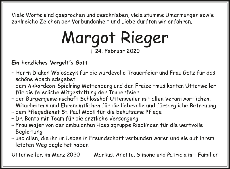  Traueranzeige für Margot Rieger vom 18.03.2020 aus Schwäbische Zeitung