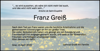 Anzeige von Franz Greiß von Schwäbische Zeitung