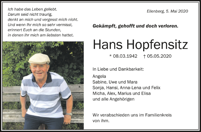  Traueranzeige für Hans Hopfensitz vom 07.05.2020 aus Schwäbische Zeitung