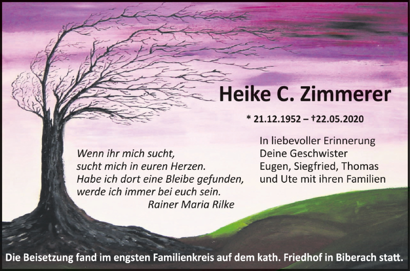  Traueranzeige für Heike  Zimmerer vom 06.06.2020 aus Schwäbische Zeitung