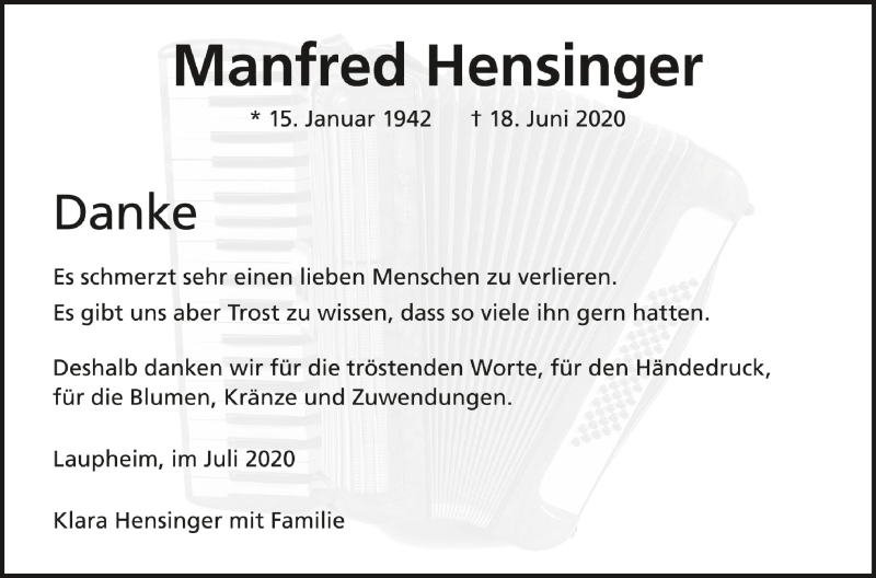  Traueranzeige für Manfred Hensinger vom 21.07.2020 aus Schwäbische Zeitung
