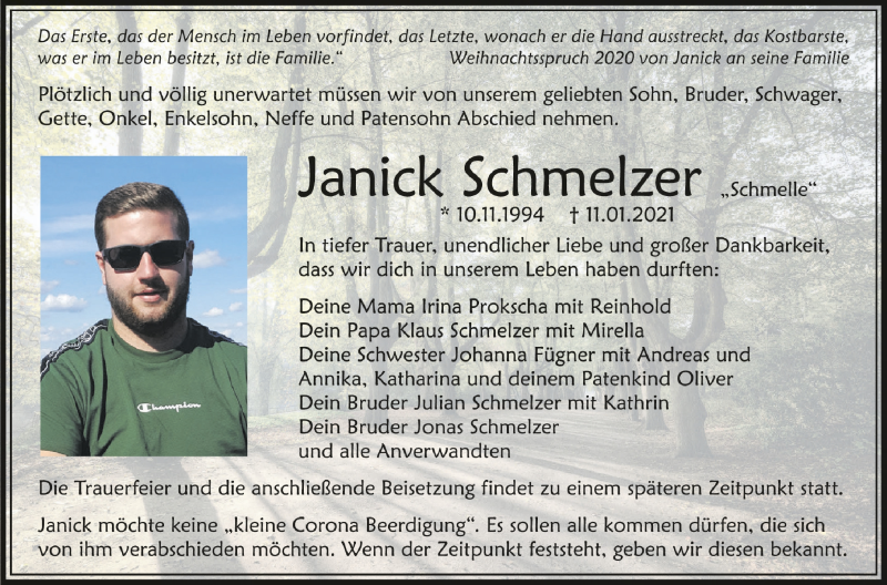  Traueranzeige für Janick Schmelzer vom 16.01.2021 aus Schwäbische Zeitung